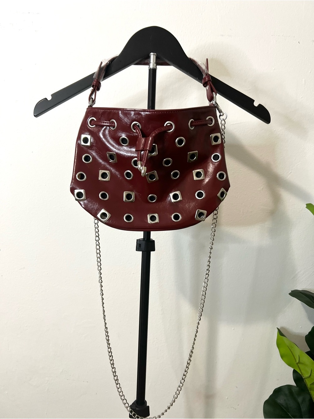 Burgundy Studded Bucket Bag Chain Crossbody Shoulder Purse Y2K Grunge Goth Chic